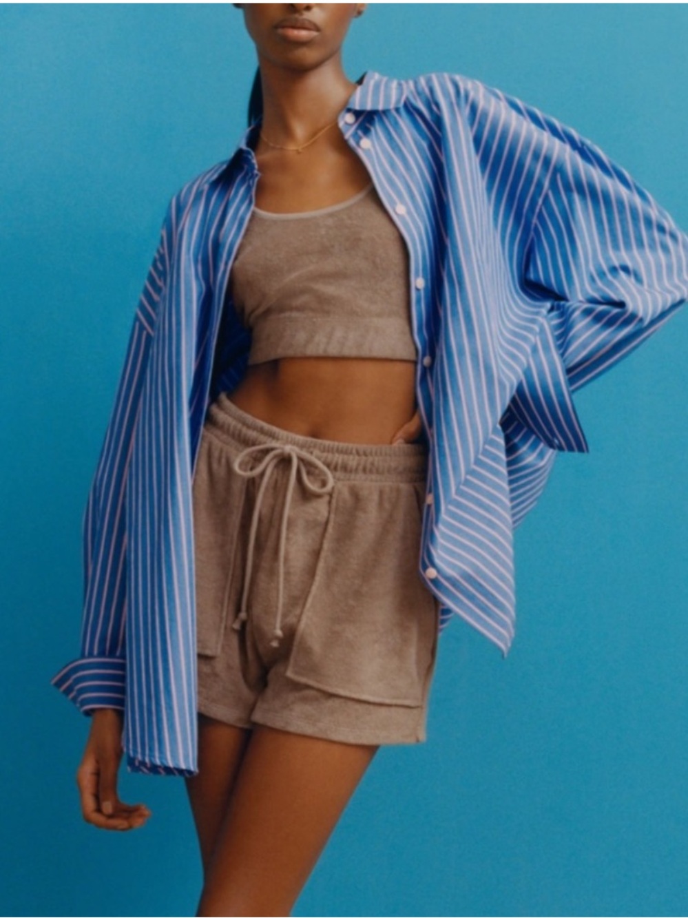 Zara Tan Camel Terry Cloth Crop Tank & Drawstring Shorts Matching Set